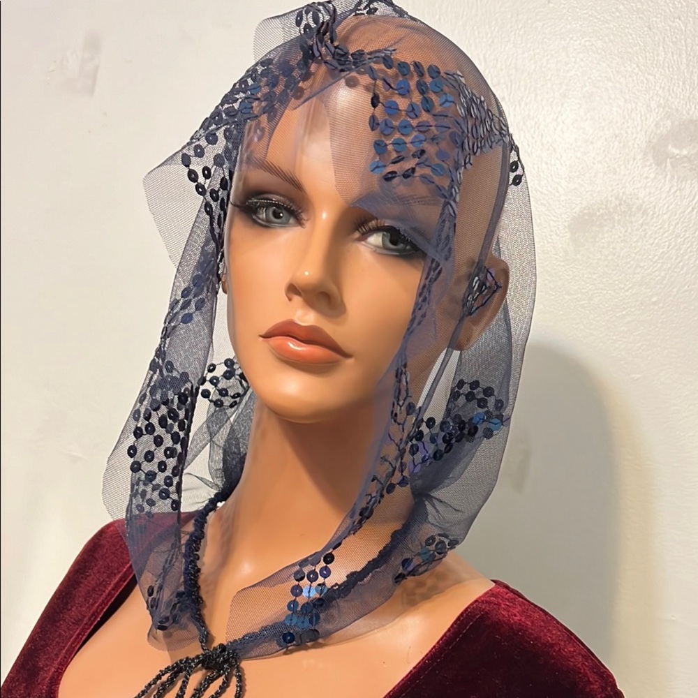 Elegant Blue Veil with Sequin Details Hood Headpiece Church Wedding